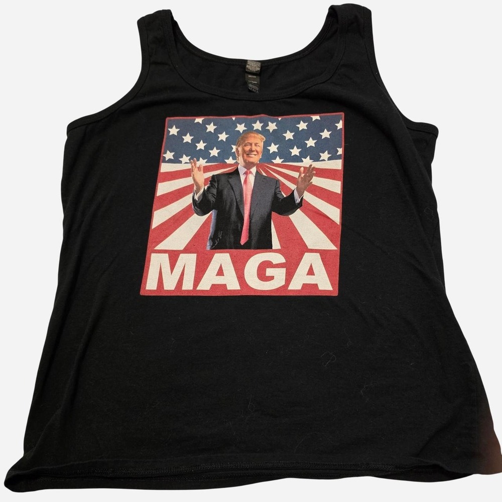 Black tank top with graphic of Donald Trump with the words 'MAGA'